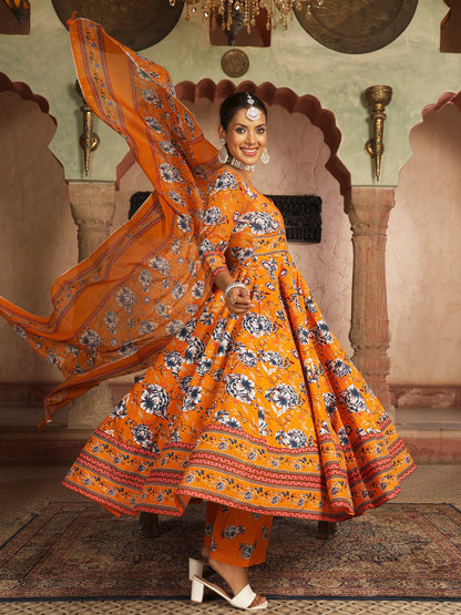 Cotton Calf Length Printed Flared 3/4 Sleeves V-Neck Kurta Suit Set With Dupatta (Preorder)