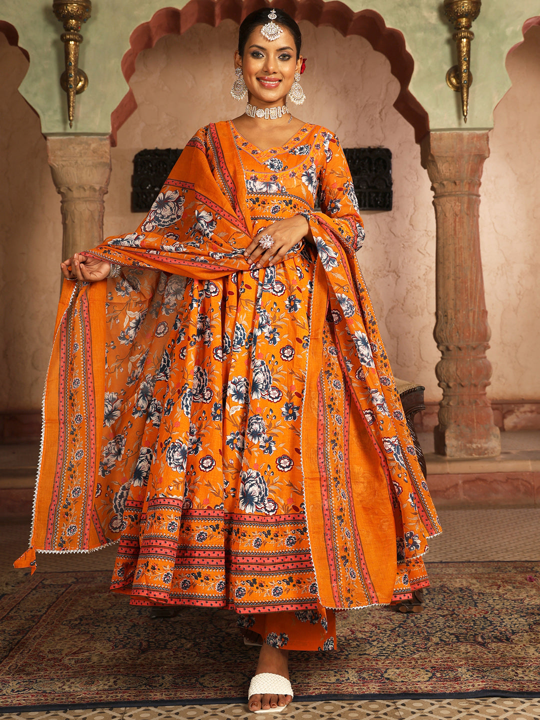 Cotton Calf Length Printed Flared 3/4 Sleeves V-Neck Kurta Suit Set With Dupatta (Preorder)