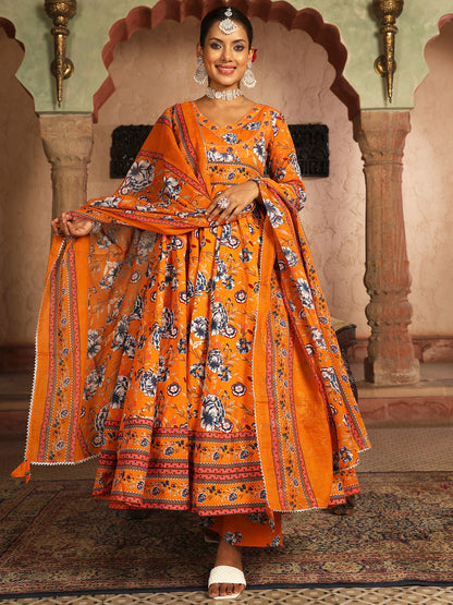 Cotton Calf Length Printed Flared 3/4 Sleeves V-Neck Kurta Suit Set With Dupatta