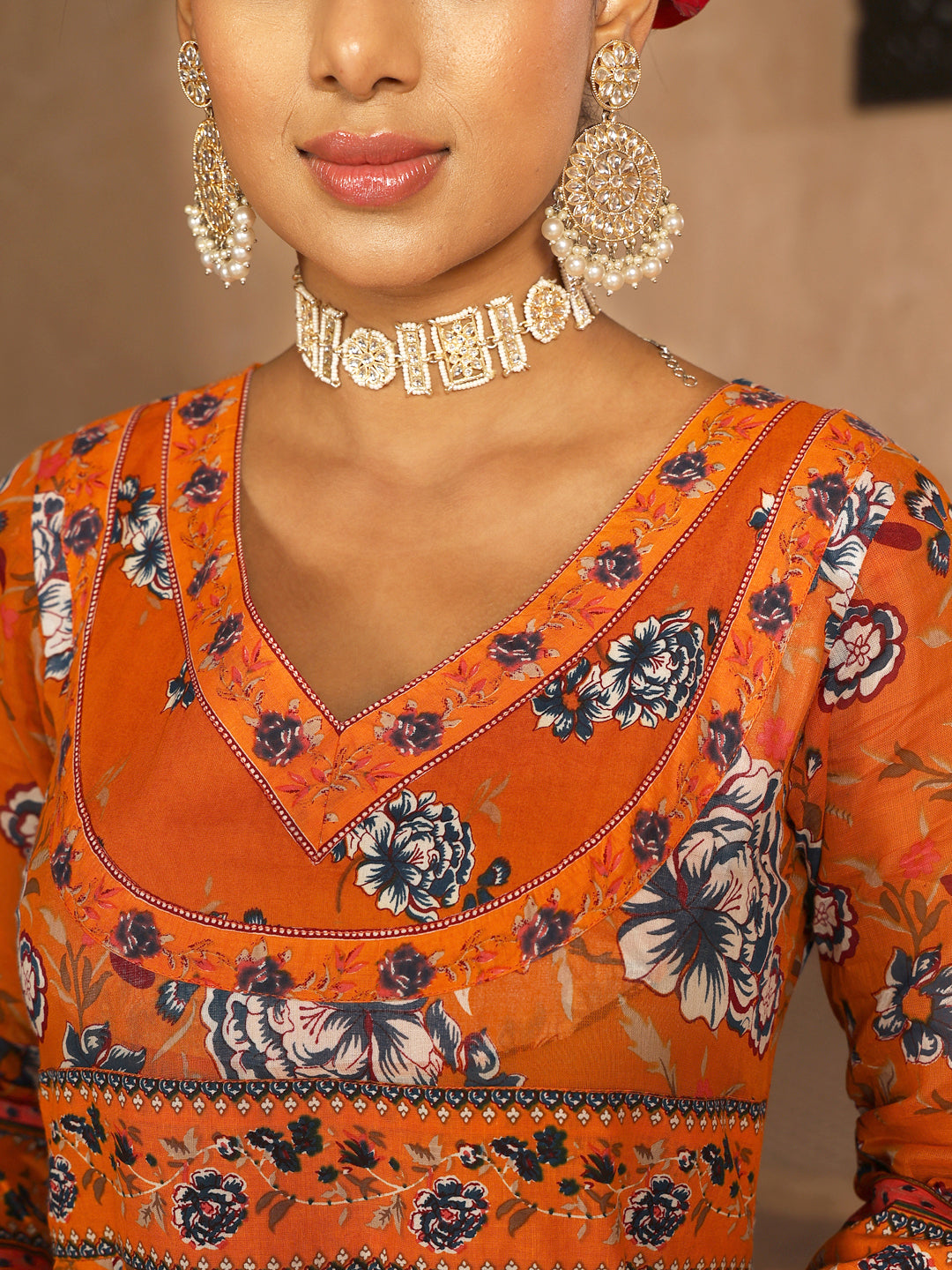 Cotton Calf Length Printed Flared 3/4 Sleeves V-Neck Kurta Suit Set With Dupatta (Preorder)