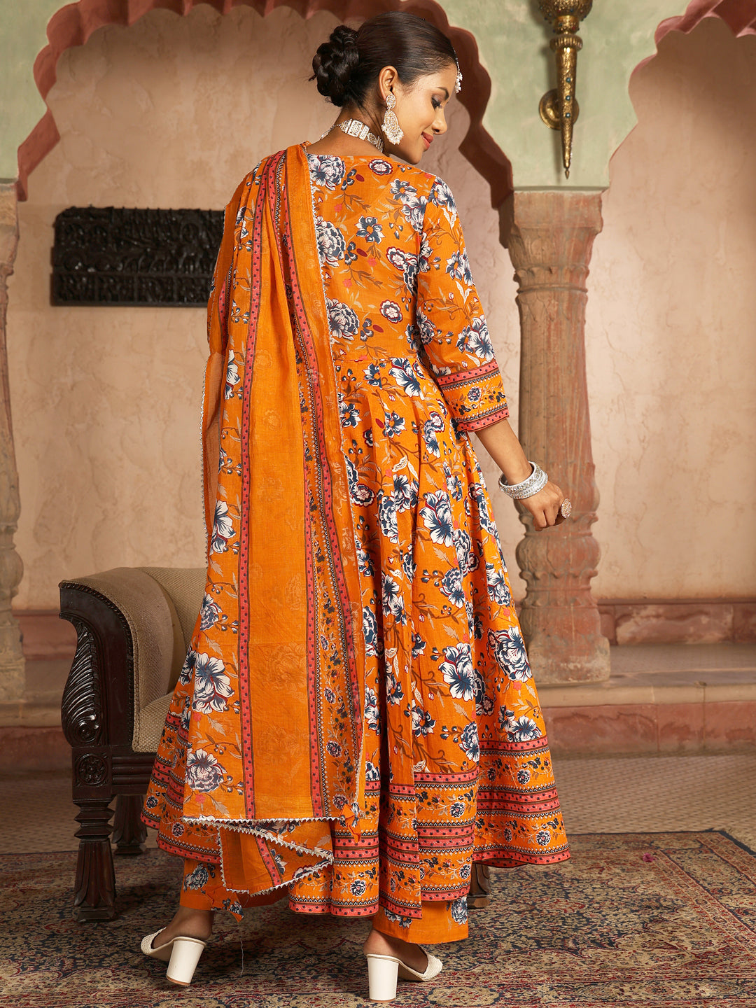 Cotton Calf Length Printed Flared 3/4 Sleeves V-Neck Kurta Suit Set With Dupatta
