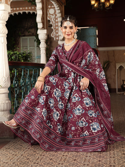 Cotton Calf Length Printed Flared 3/4 Sleeves V-Neck Kurta Suit Set With Dupatta