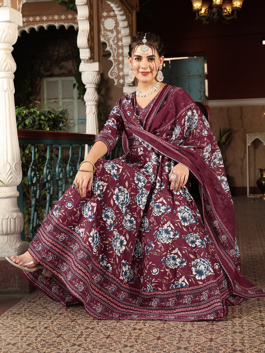 Cotton Calf Length Printed Flared 3/4 Sleeves V-Neck Kurta Suit Set With Dupatta (Preorder)
