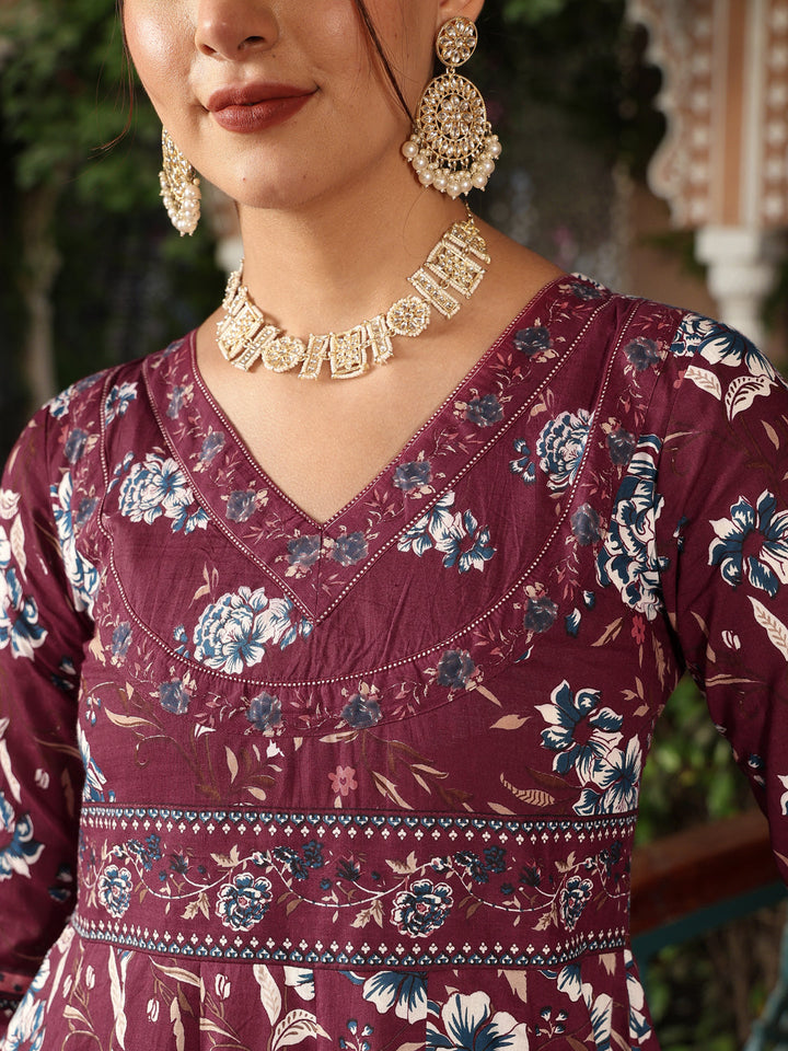 Cotton Calf Length Printed Flared 3/4 Sleeves V-Neck Kurta Suit Set With Dupatta