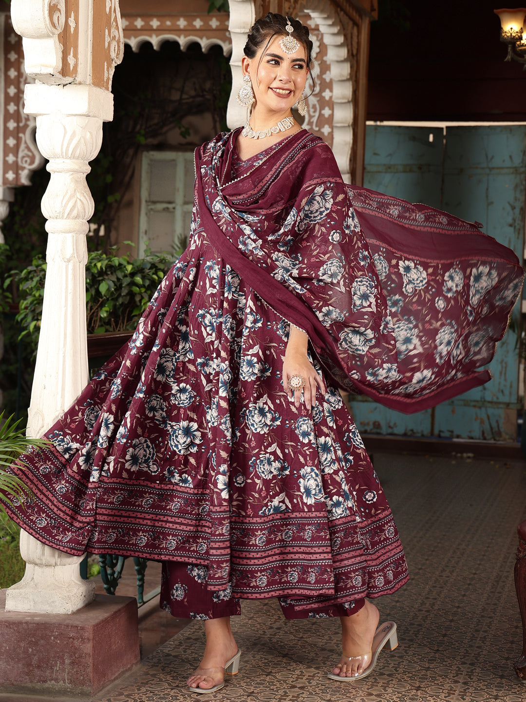 Cotton Calf Length Printed Flared 3/4 Sleeves V-Neck Kurta Suit Set With Dupatta (Preorder)