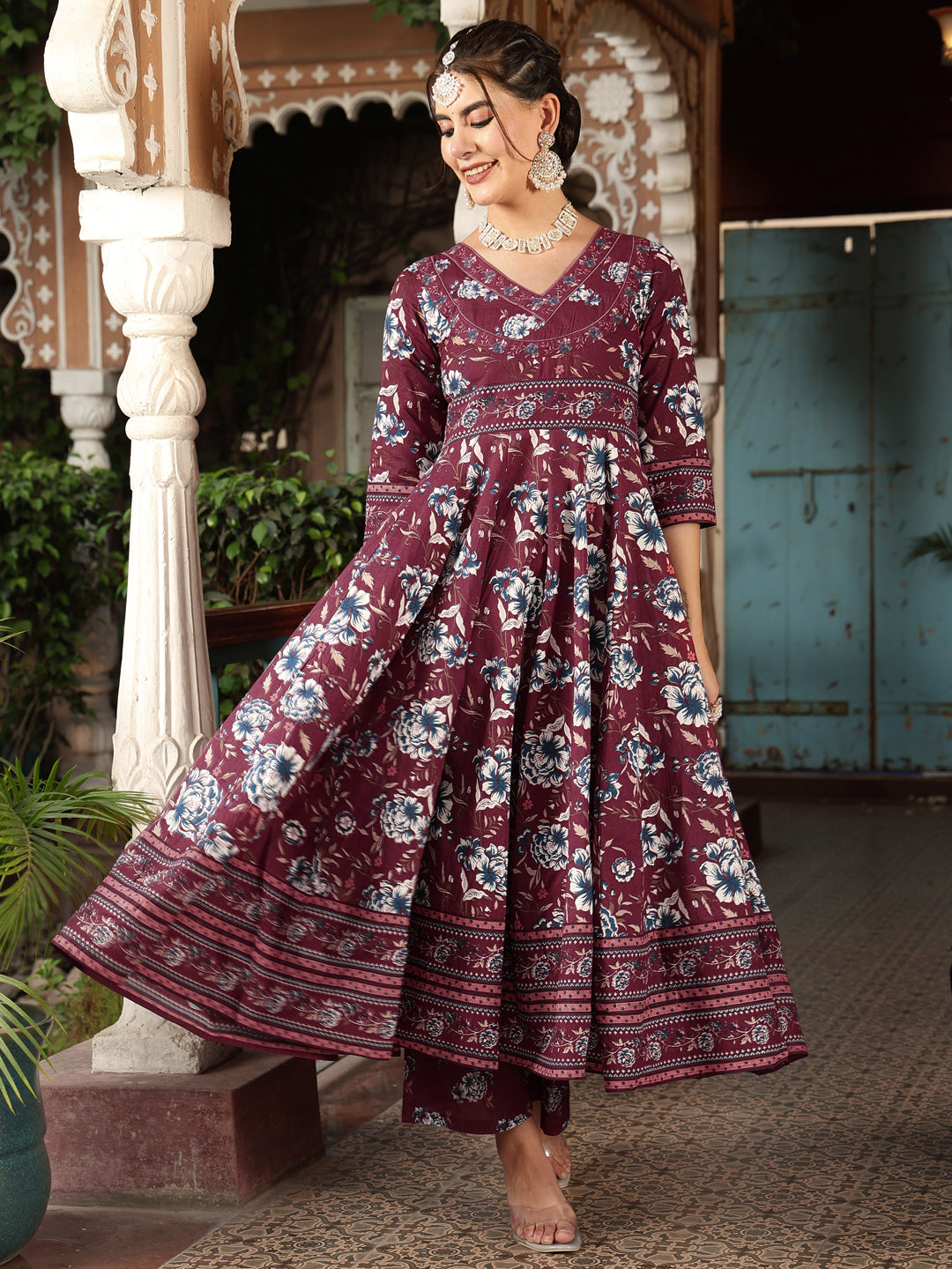 Cotton Calf Length Printed Flared 3/4 Sleeves V-Neck Kurta Suit Set With Dupatta (Preorder)