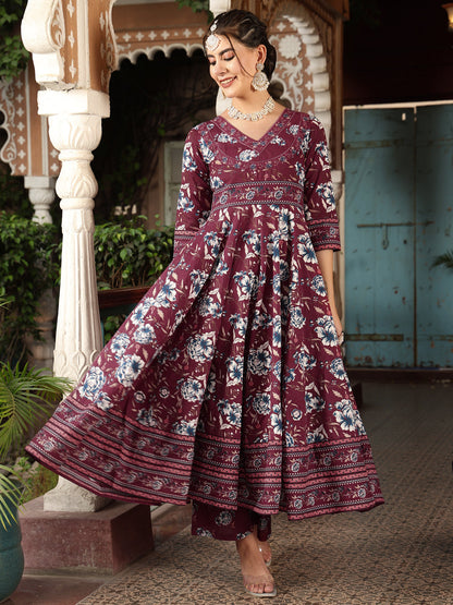 Cotton Calf Length Printed Flared 3/4 Sleeves V-Neck Kurta Suit Set With Dupatta (Preorder)