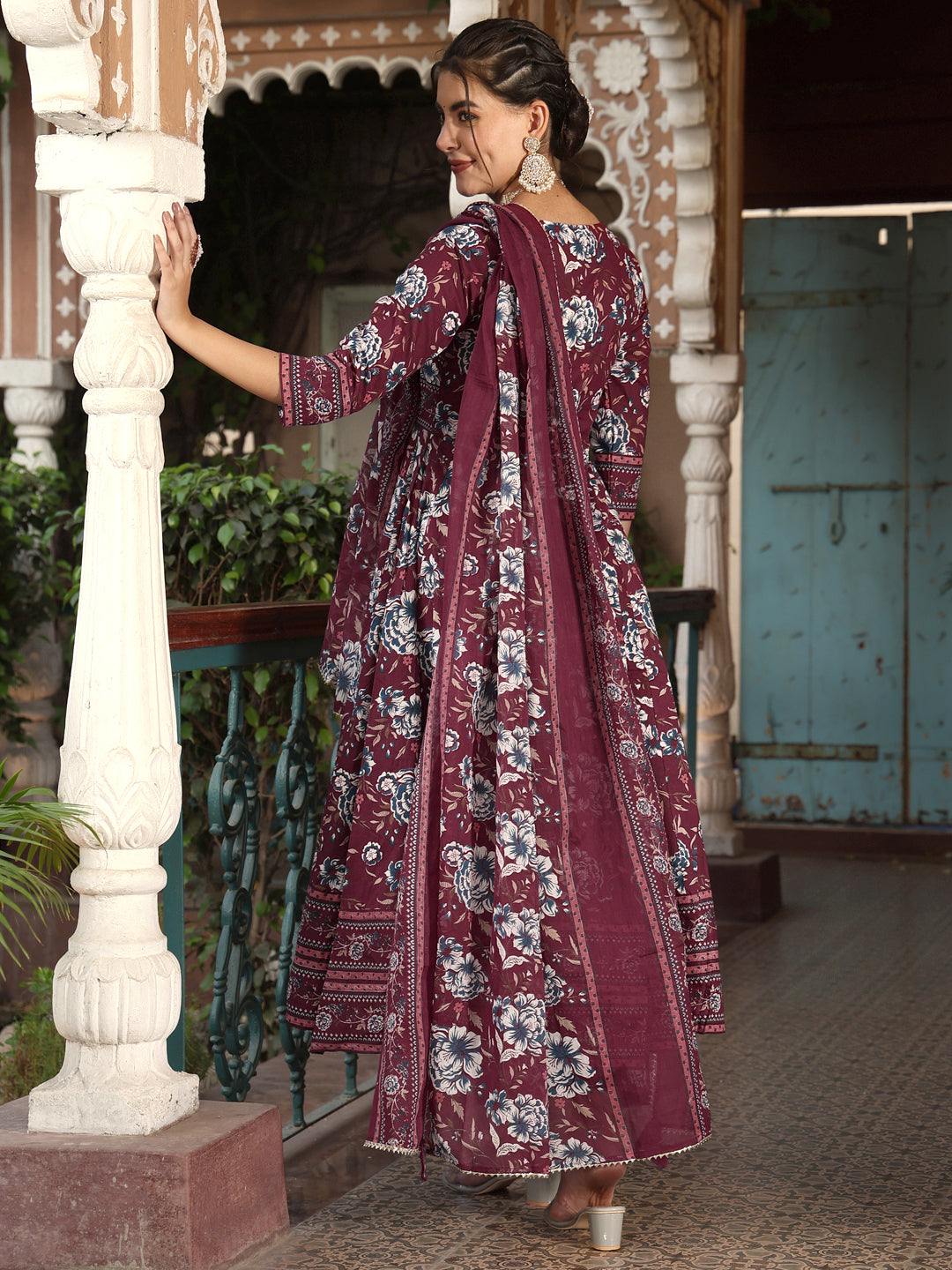 Cotton Calf Length Printed Flared 3/4 Sleeves V-Neck Kurta Suit Set With Dupatta (Preorder)