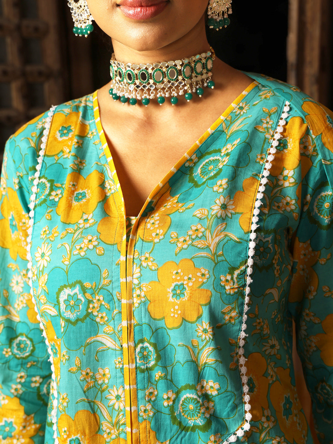 Cotton Calf Length Printed Flared 3/4 Sleeves V-Neck Kurta Suit Set With Dupatta (Preorder)