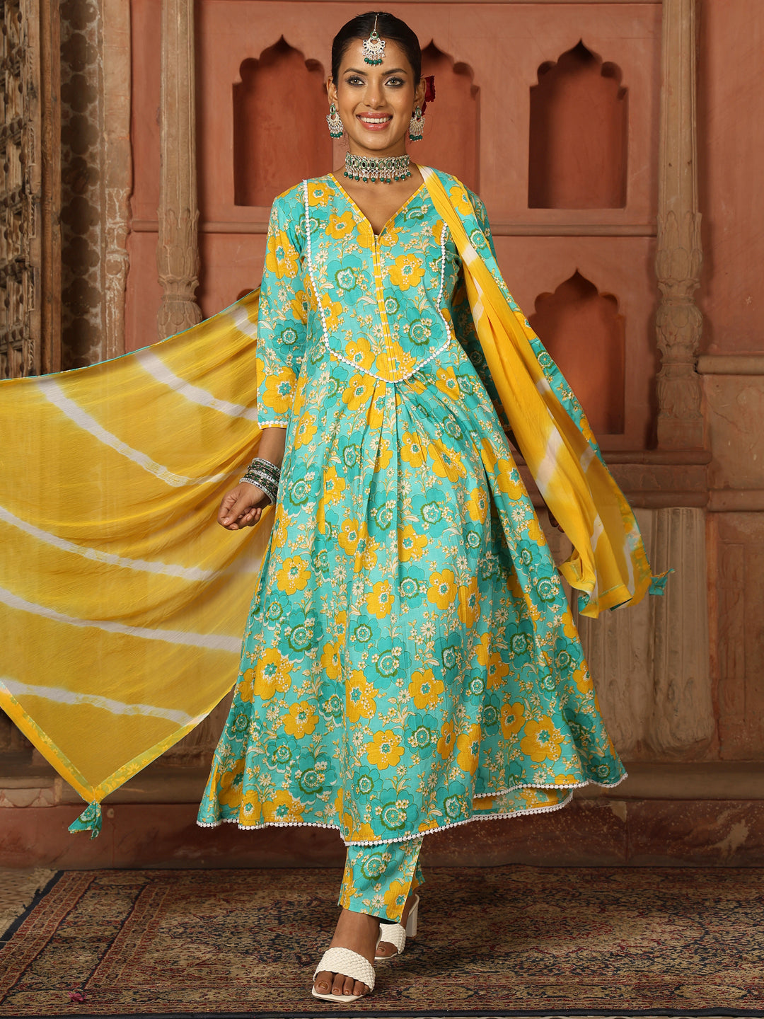 Cotton Calf Length Printed Flared 3/4 Sleeves V-Neck Kurta Suit Set With Dupatta (Preorder)