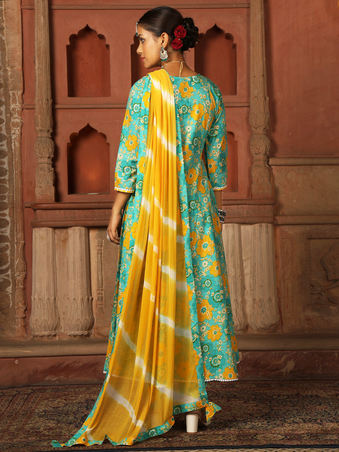 Cotton Calf Length Printed Flared 3/4 Sleeves V-Neck Kurta Suit Set With Dupatta (Preorder)