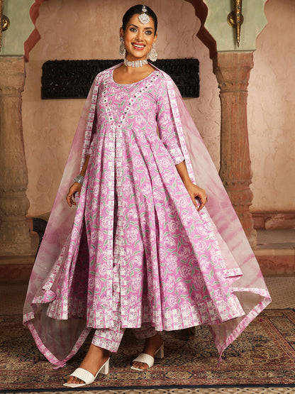 Cotton Calf Length Printed Flared 3/4 Sleeves V-Neck Kurta Suit Set With Dupatta