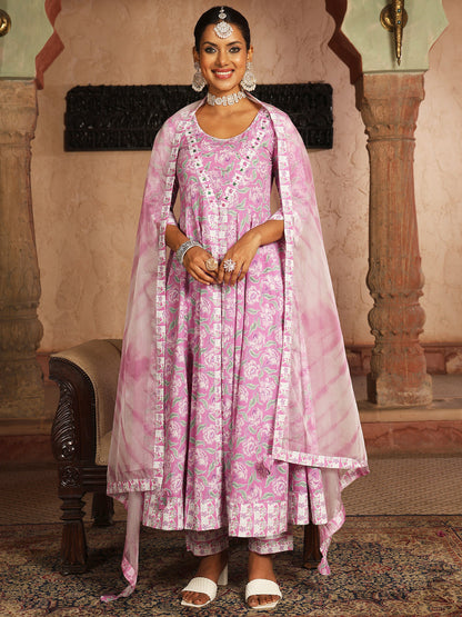 Cotton Calf Length Printed Flared 3/4 Sleeves V-Neck Kurta Suit Set With Dupatta
