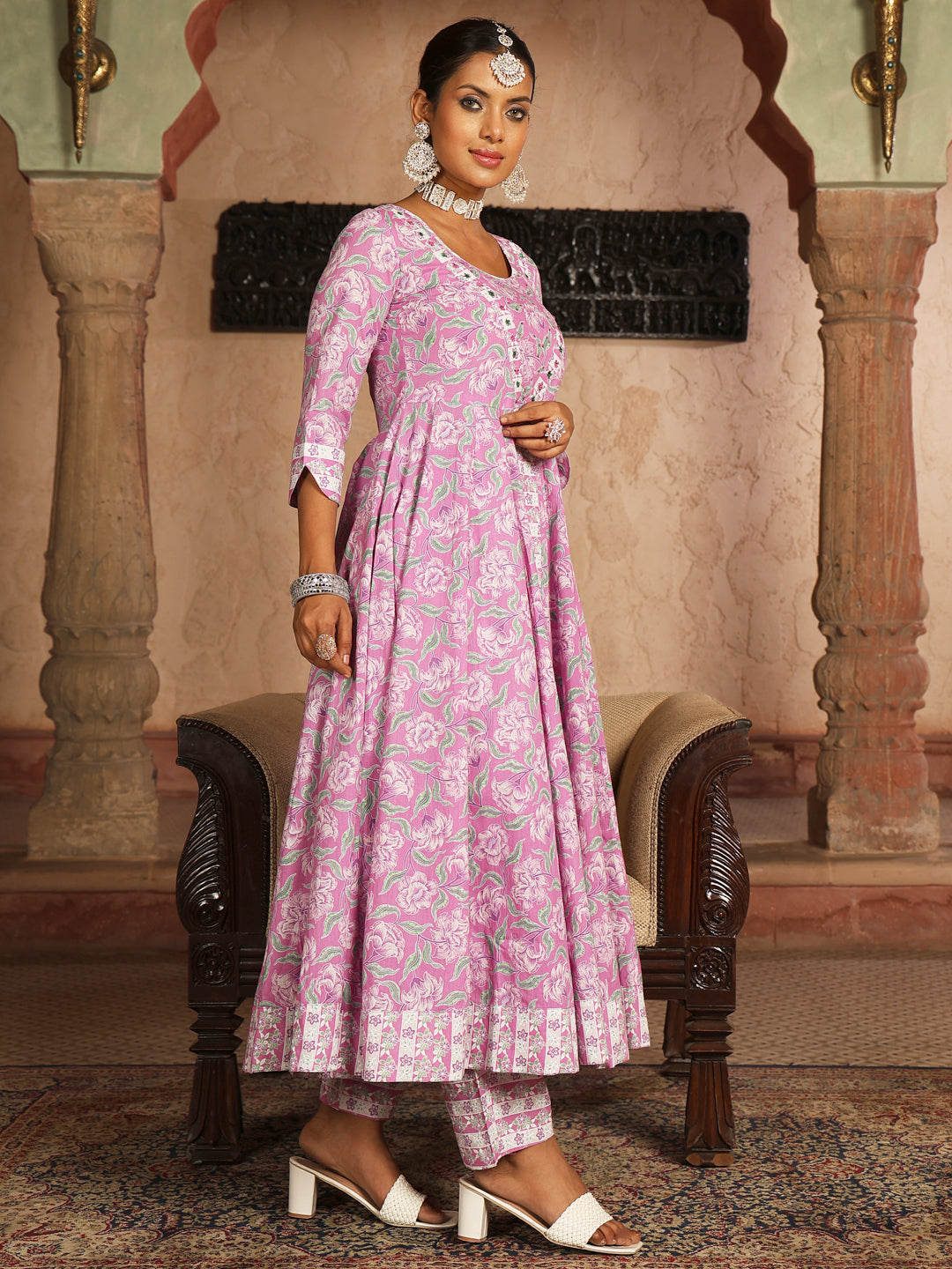 Cotton Calf Length Printed Flared 3/4 Sleeves V-Neck Kurta Suit Set With Dupatta