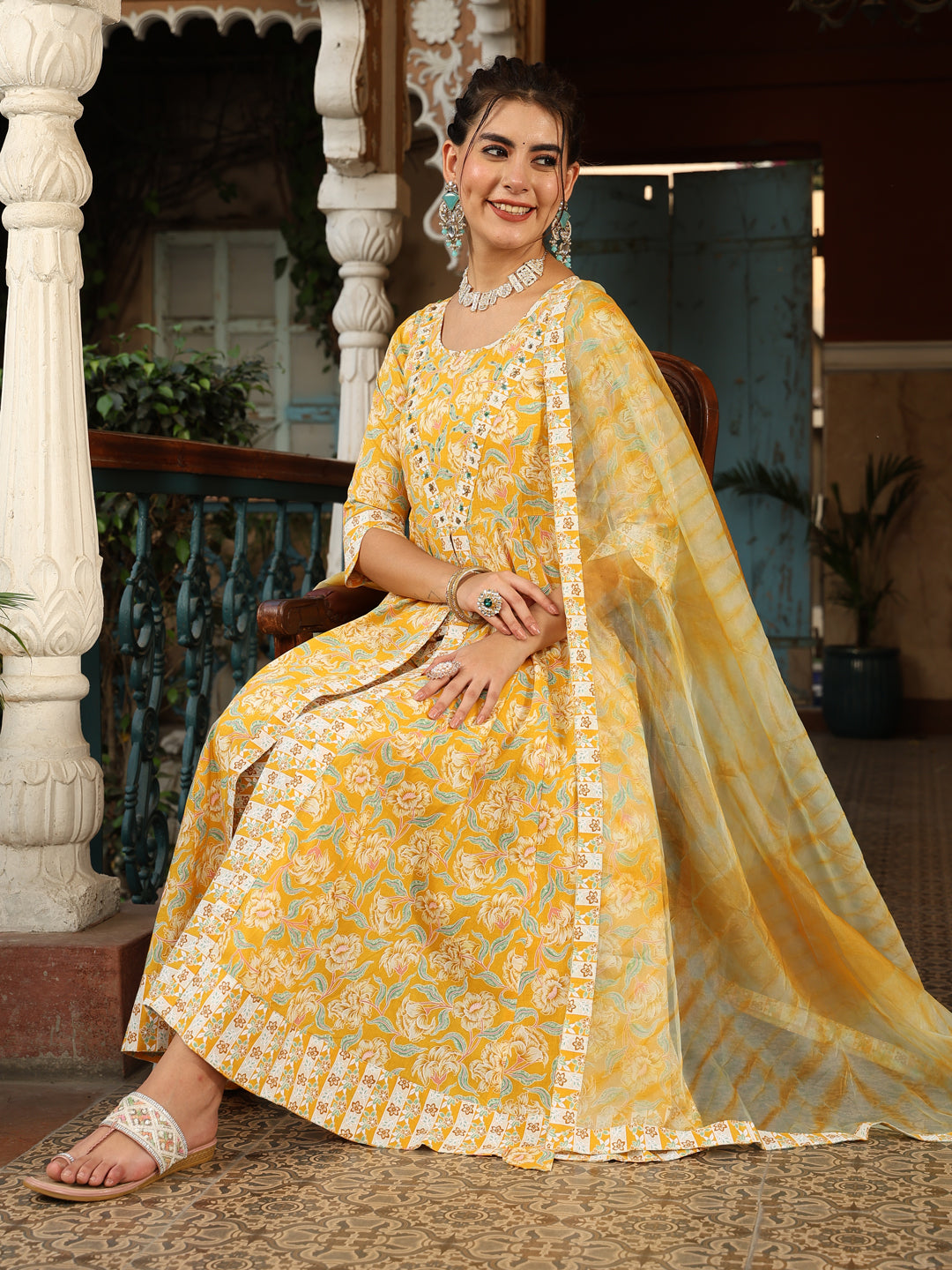 Cotton Calf Length Printed Flared 3/4 Sleeves V-Neck Kurta Suit Set With Dupatta