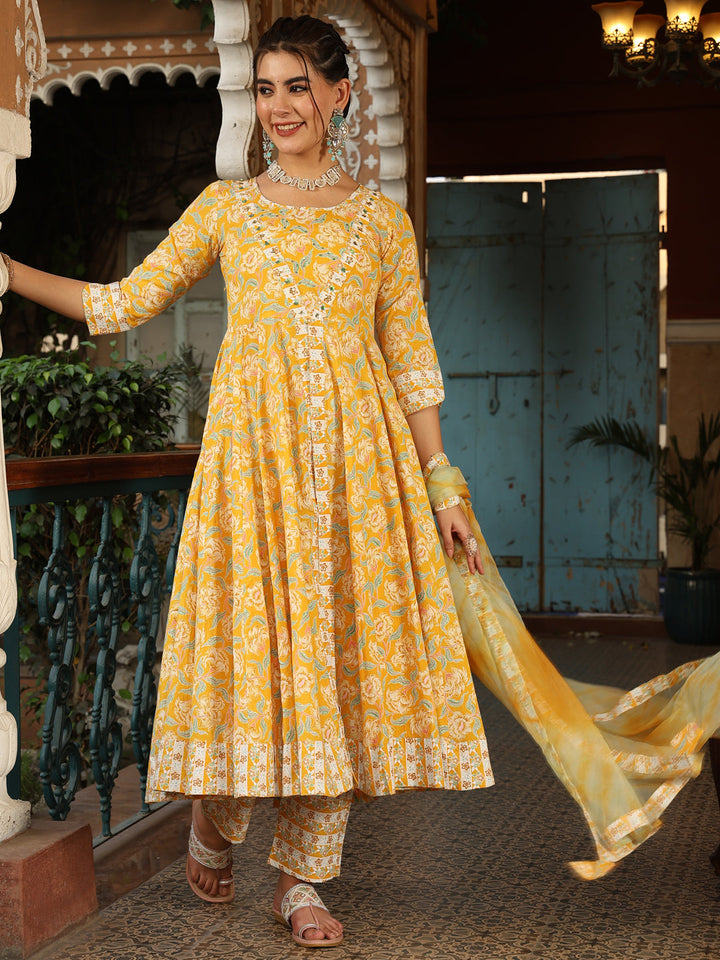 Cotton Calf Length Printed Flared 3/4 Sleeves V-Neck Kurta Suit Set With Dupatta