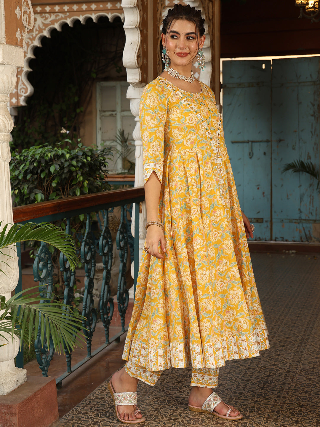Cotton Calf Length Printed Flared 3/4 Sleeves V-Neck Kurta Suit Set With Dupatta (Preorder)