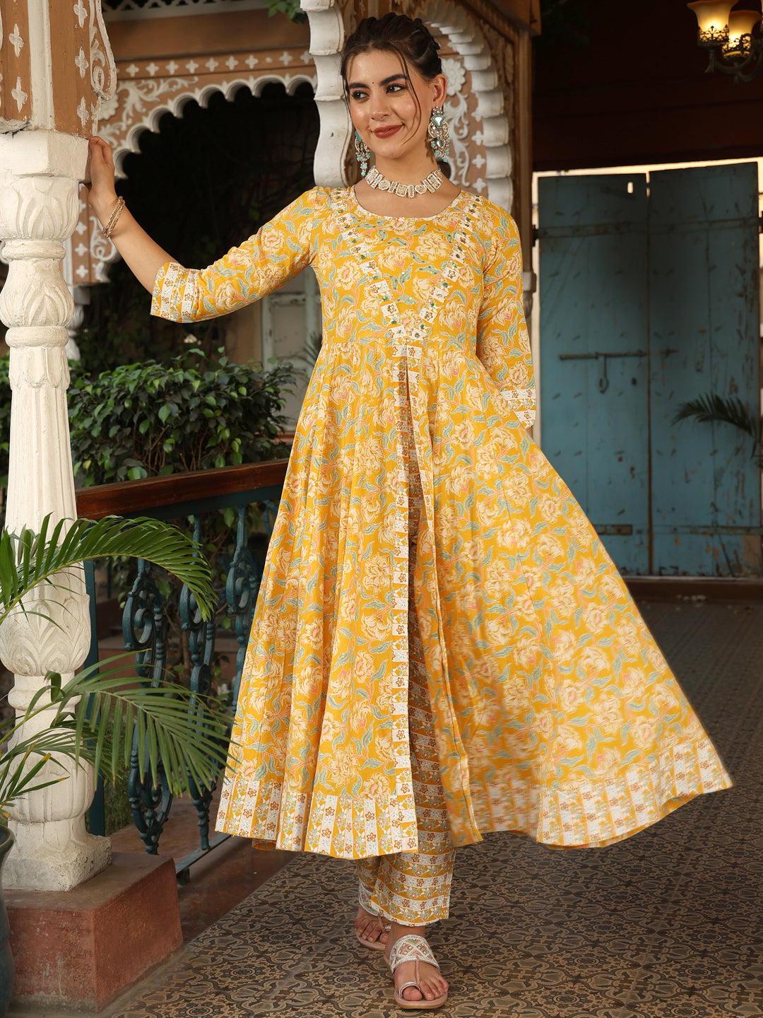 Cotton Calf Length Printed Flared 3/4 Sleeves V-Neck Kurta Suit Set With Dupatta (Preorder)