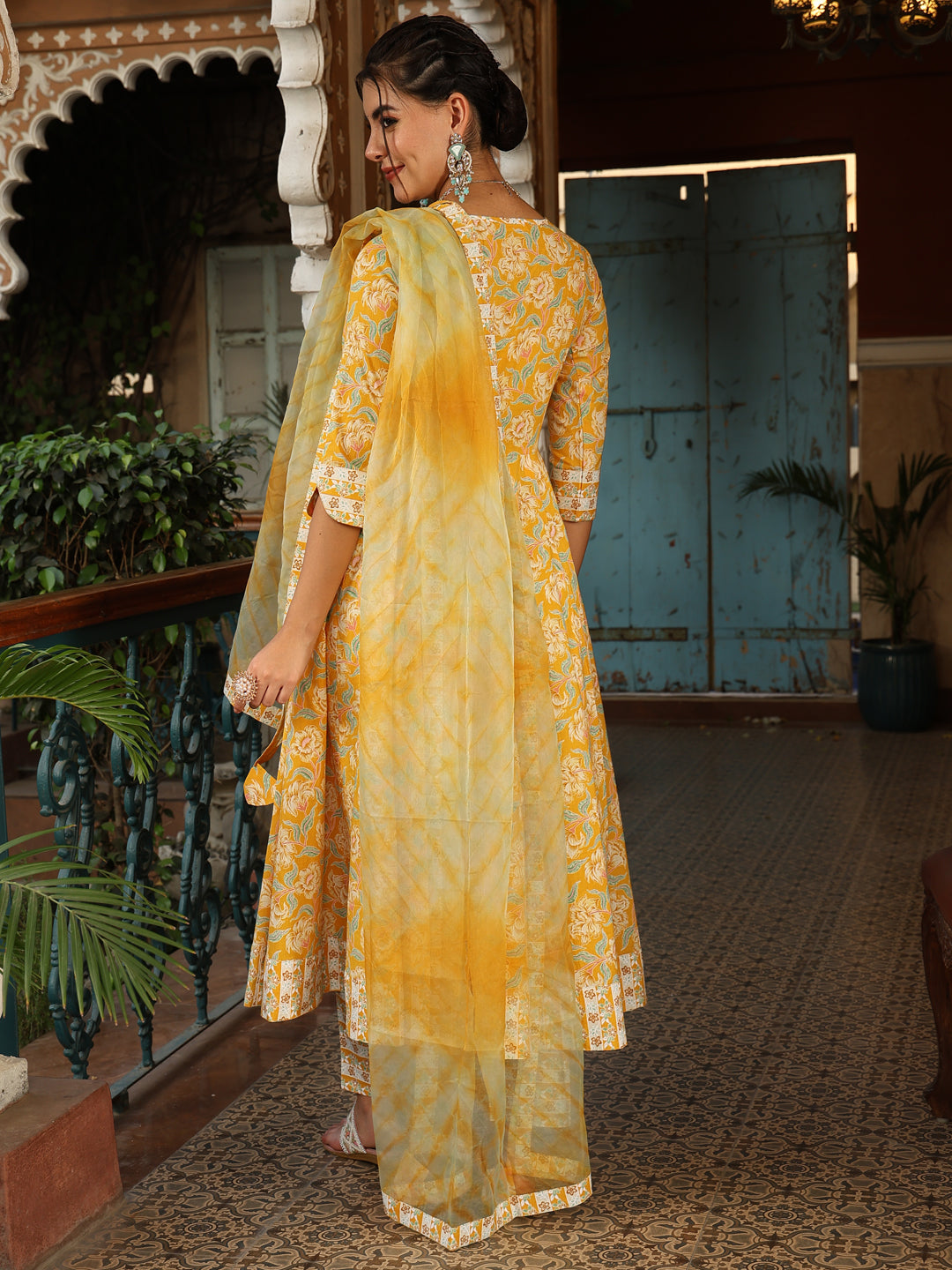 Cotton Calf Length Printed Flared 3/4 Sleeves V-Neck Kurta Suit Set With Dupatta (Preorder)