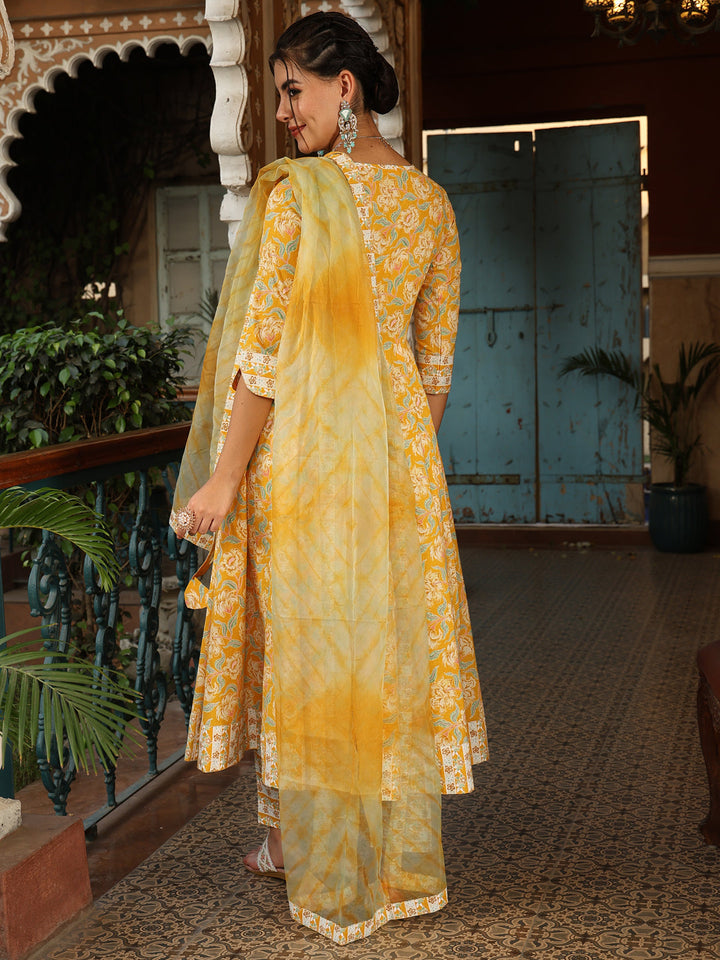 Cotton Calf Length Printed Flared 3/4 Sleeves V-Neck Kurta Suit Set With Dupatta