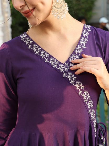 Rayon Calf Length Printed Flared 3/4 Sleeves V-Neck Kurta Suit Set With Dupatta (Preorder)