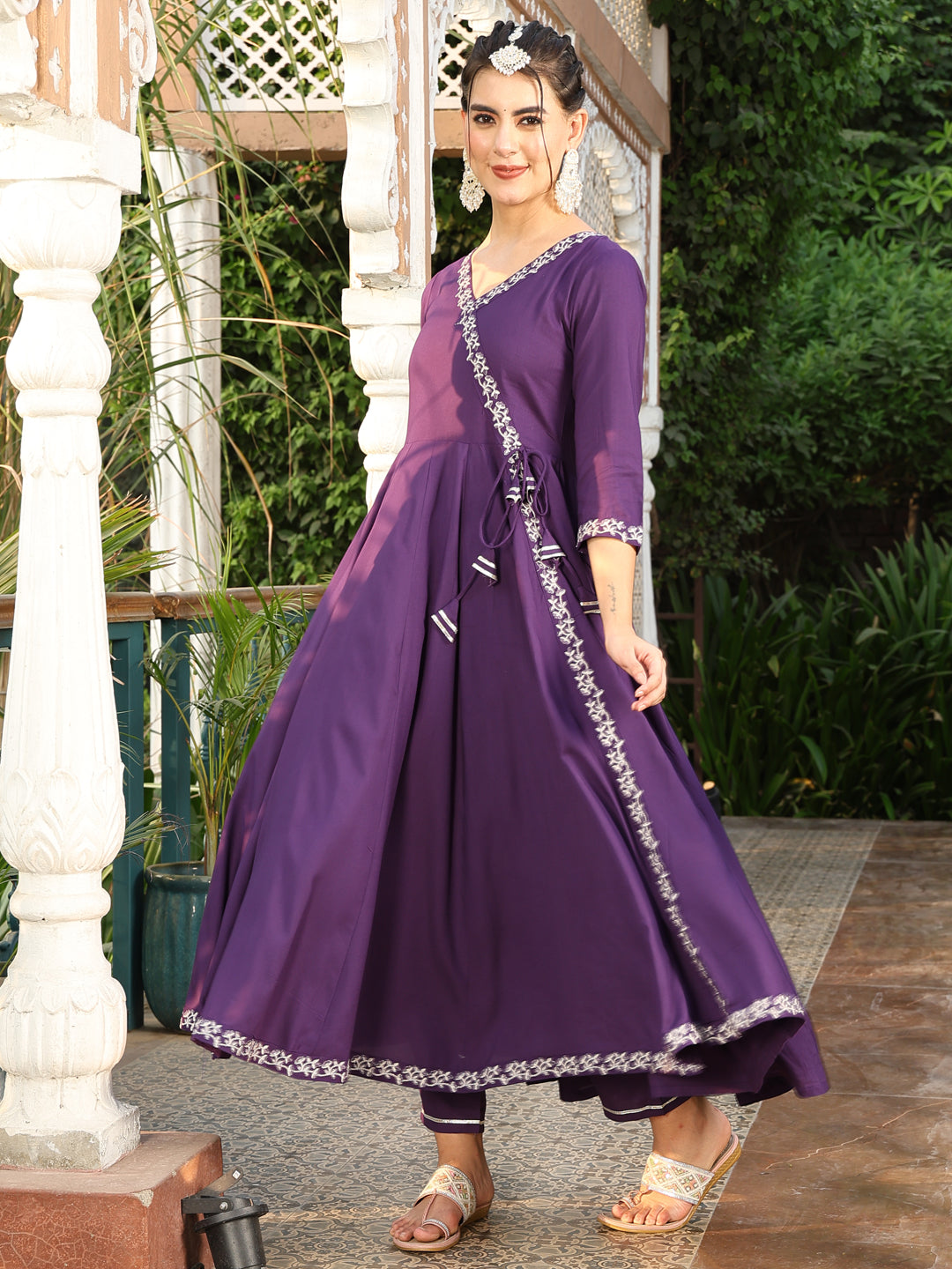 Rayon Calf Length Printed Flared 3/4 Sleeves V-Neck Kurta Suit Set With Dupatta