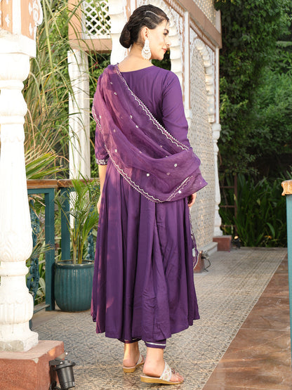 Rayon Calf Length Printed Flared 3/4 Sleeves V-Neck Kurta Suit Set With Dupatta