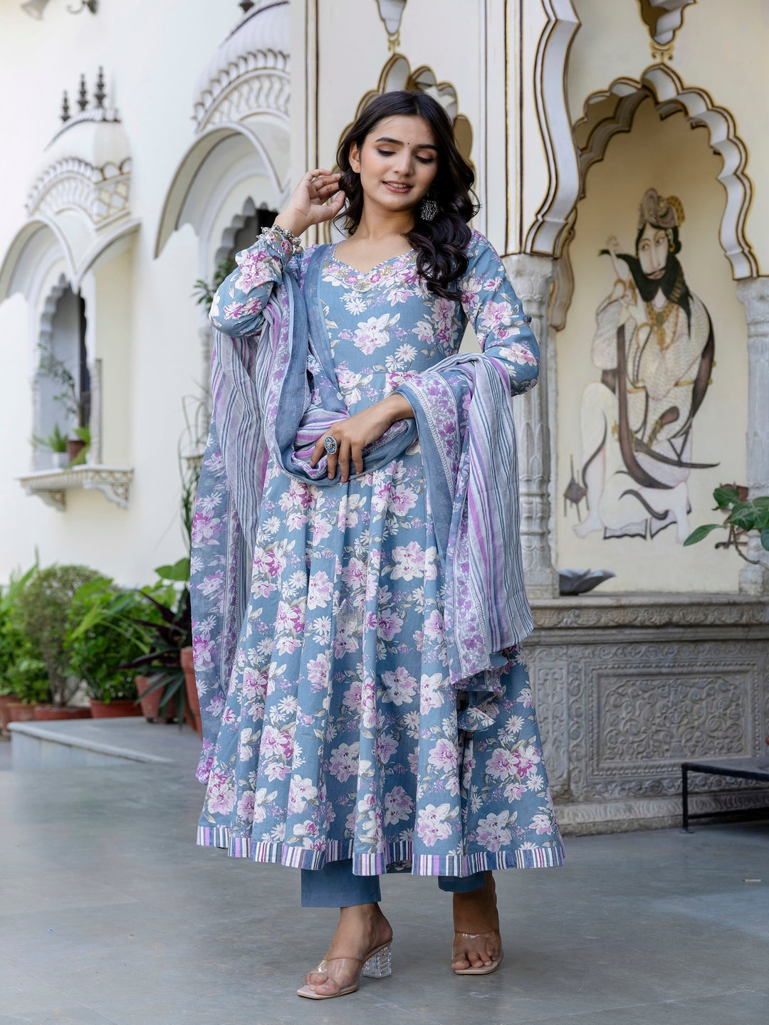 Cotton Calf Length Printed Flared 3/4 Sleeves Sweetheart Neck Kurta Suit Set With Dupatta