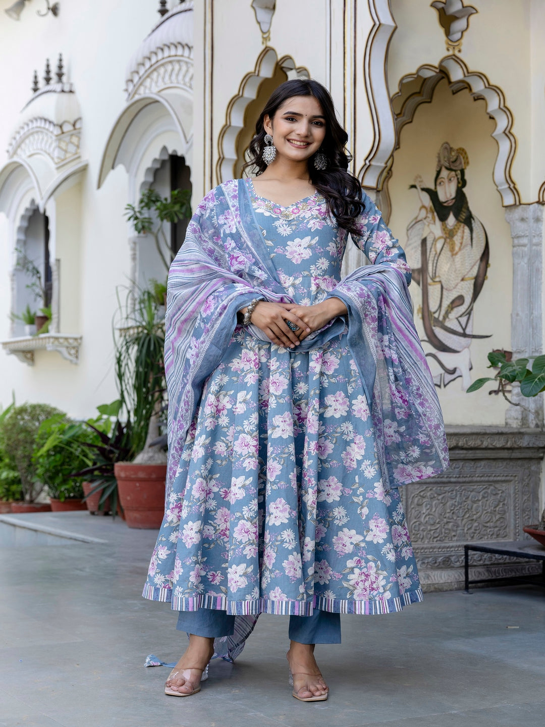 Cotton Calf Length Printed Flared 3/4 Sleeves Sweetheart Neck Kurta Suit Set With Dupatta
