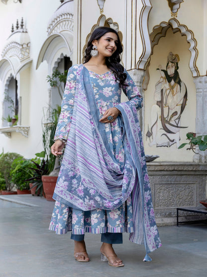 Cotton Calf Length Printed Flared 3/4 Sleeves Sweetheart Neck Kurta Suit Set With Dupatta