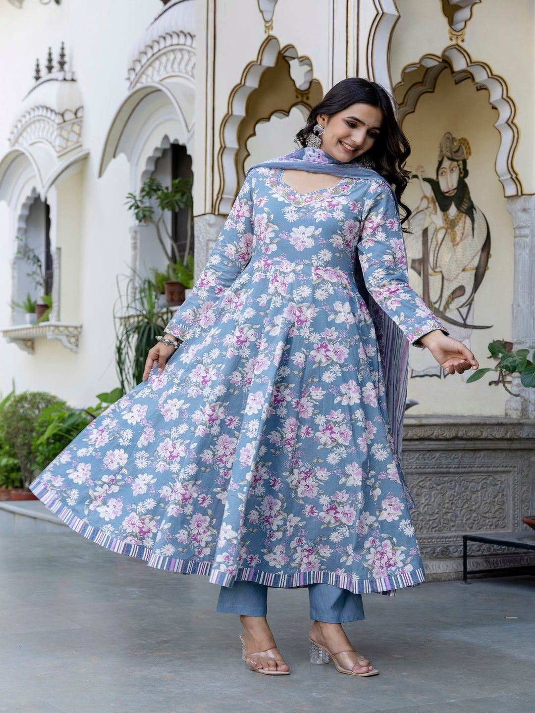 Cotton Calf Length Printed Flared 3/4 Sleeves Sweetheart Neck Kurta Suit Set With Dupatta