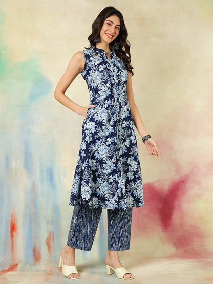 Cotton Calf Length Printed Straight Sleeveless Round Neck Kurta With Palazzos