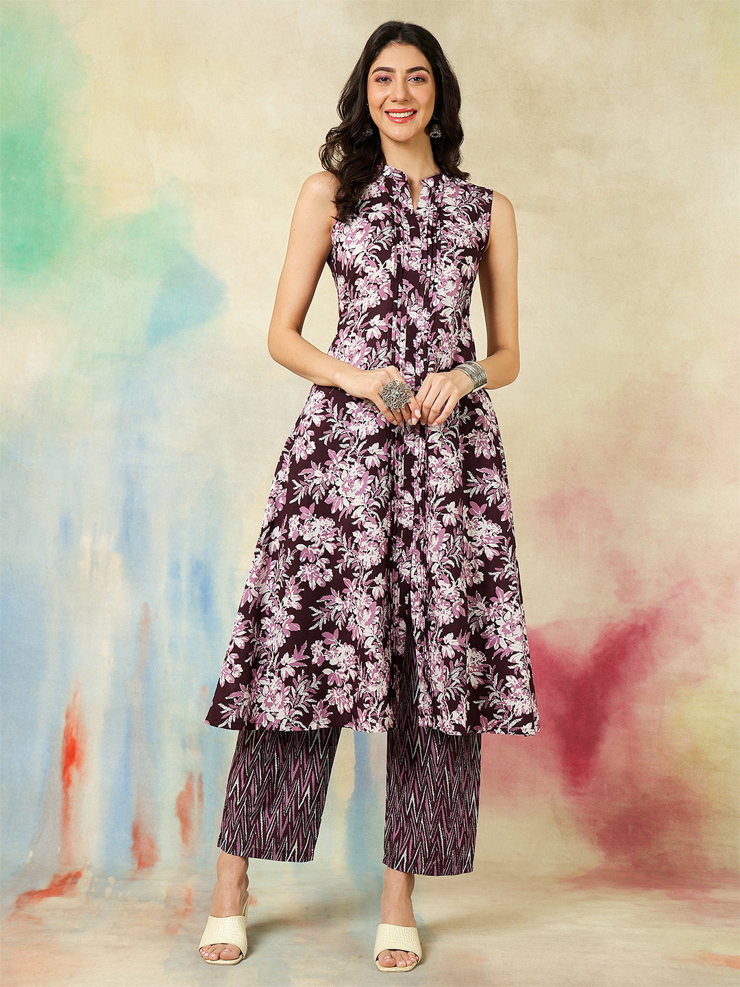 Cotton Calf Length Printed Straight Sleeveless Round Neck Kurta With Palazzos