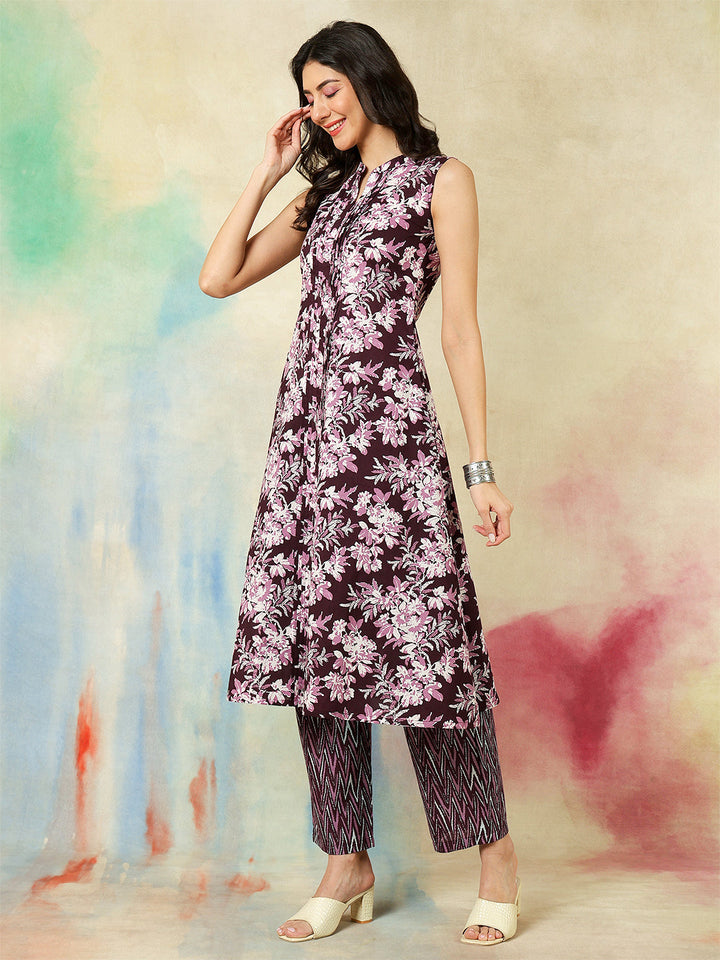Cotton Calf Length Printed Straight Sleeveless Round Neck Kurta With Palazzos