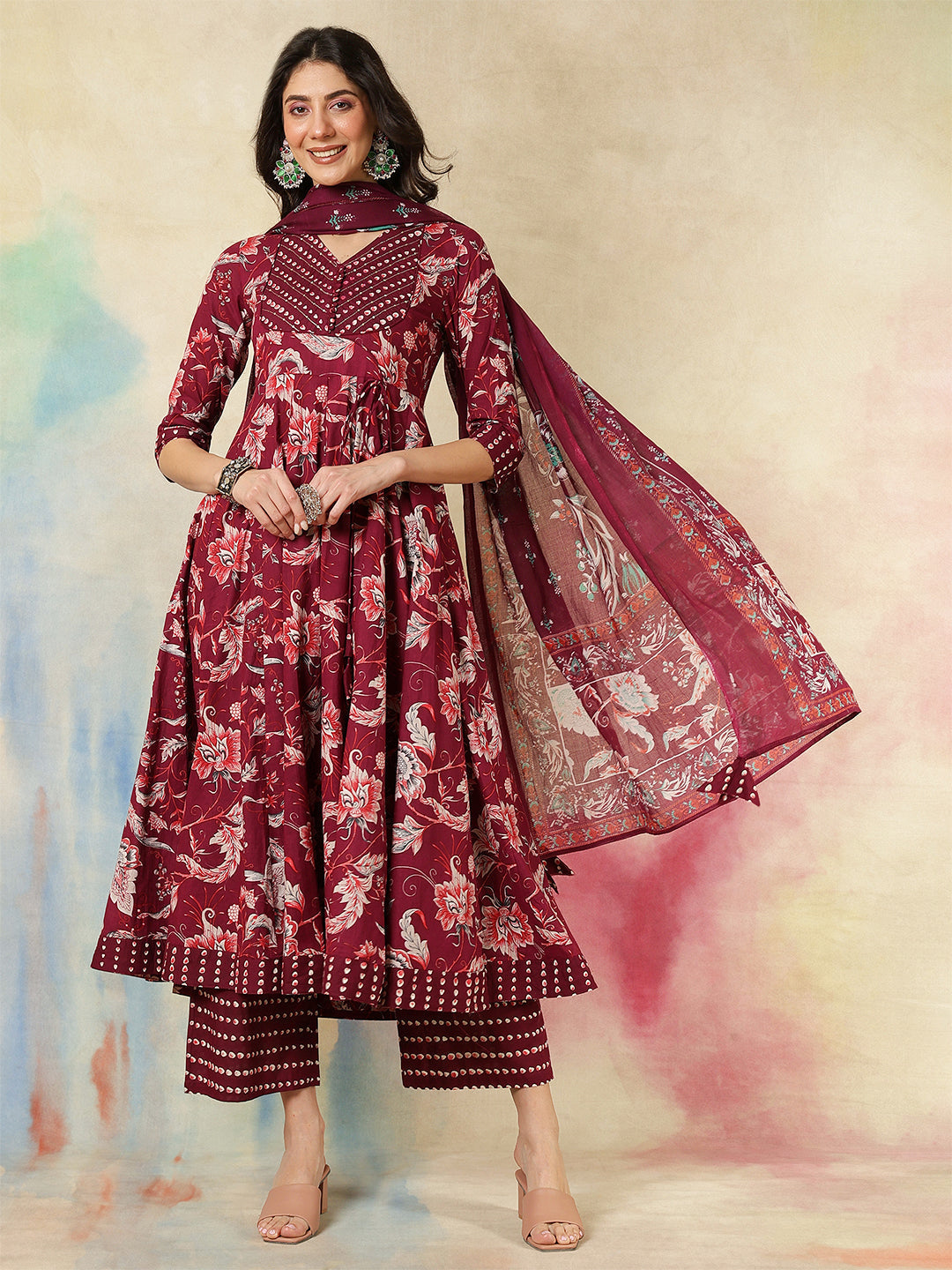 Cotton Calf Length Printed Flared 3/4 Sleeves V-Neck Kurta Suit Set With Dupatta (Preorder)