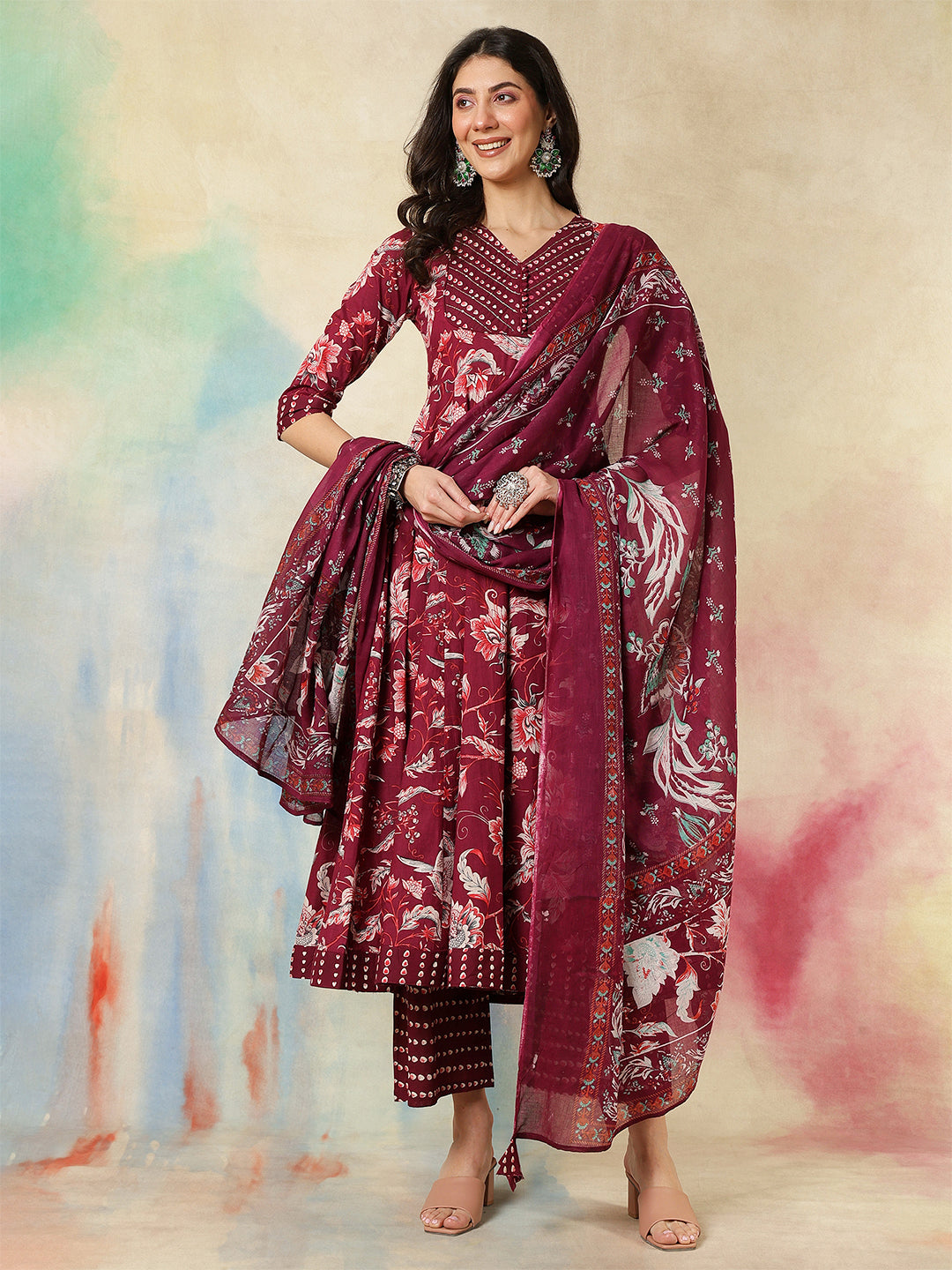 Cotton Calf Length Printed Flared 3/4 Sleeves V-Neck Kurta Suit Set With Dupatta
