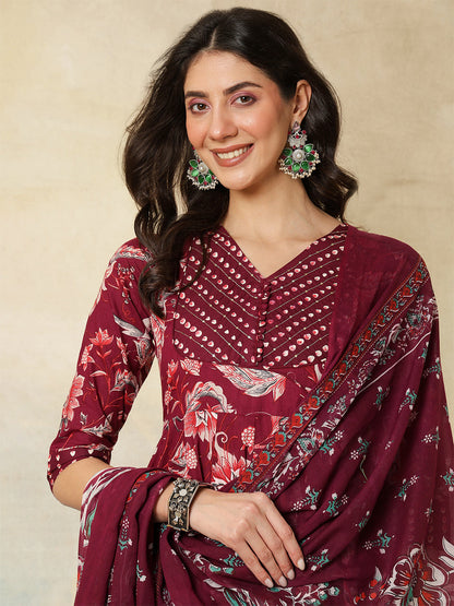 Cotton Calf Length Printed Flared 3/4 Sleeves V-Neck Kurta Suit Set With Dupatta (Preorder)