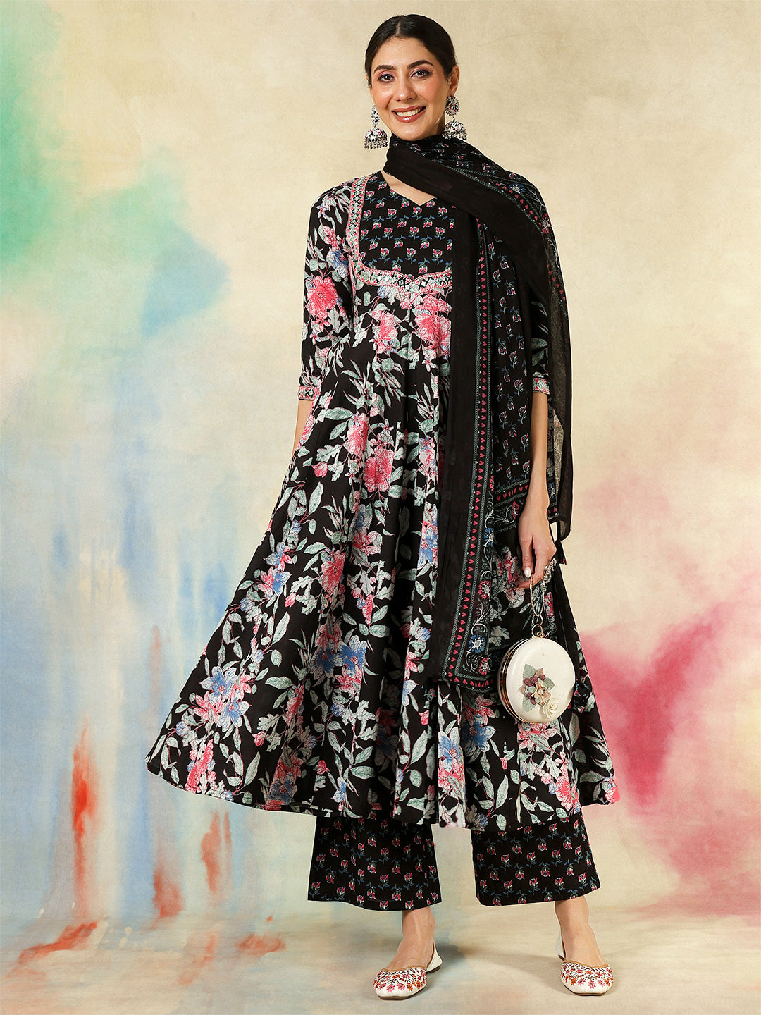 Cotton Calf Length Printed & Embroidered Flared 3/4 Sleeves Sweet Heart Neck Kurta Suit Set With Dupatta