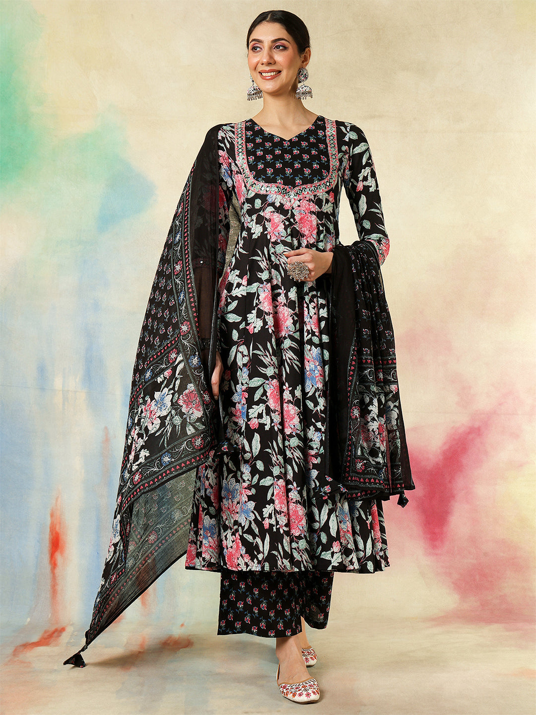 Cotton Calf Length Printed &amp; Embroidered Flared 3/4 Sleeves Sweet Heart Neck Kurta Suit Set With Dupatta