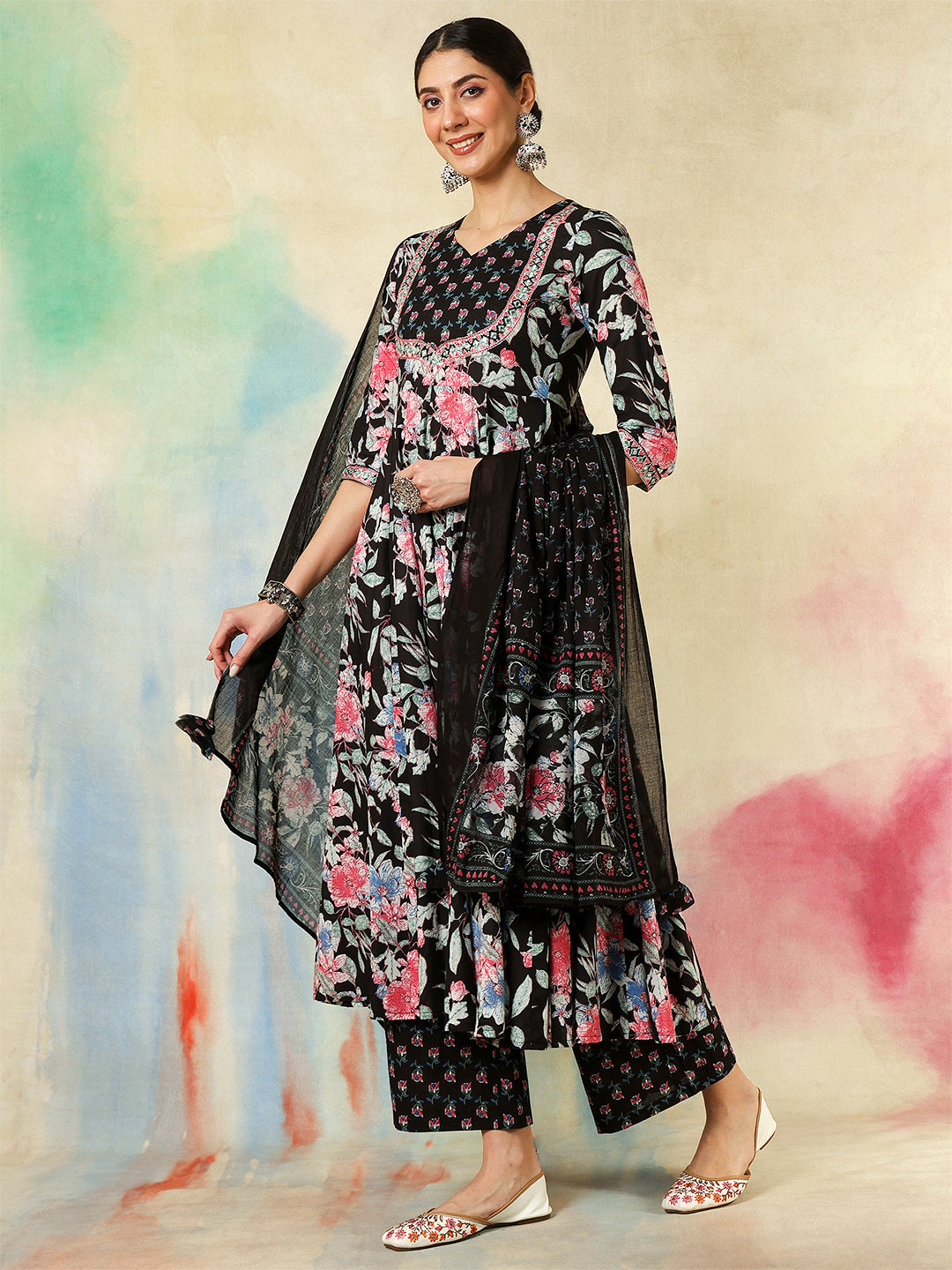 Cotton Calf Length Printed &amp; Embroidered Flared 3/4 Sleeves Sweet Heart Neck Kurta Suit Set With Dupatta