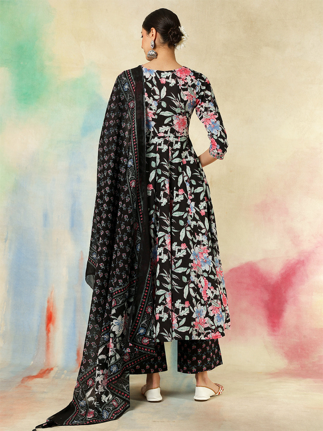 Cotton Calf Length Printed &amp; Embroidered Flared 3/4 Sleeves Sweet Heart Neck Kurta Suit Set With Dupatta