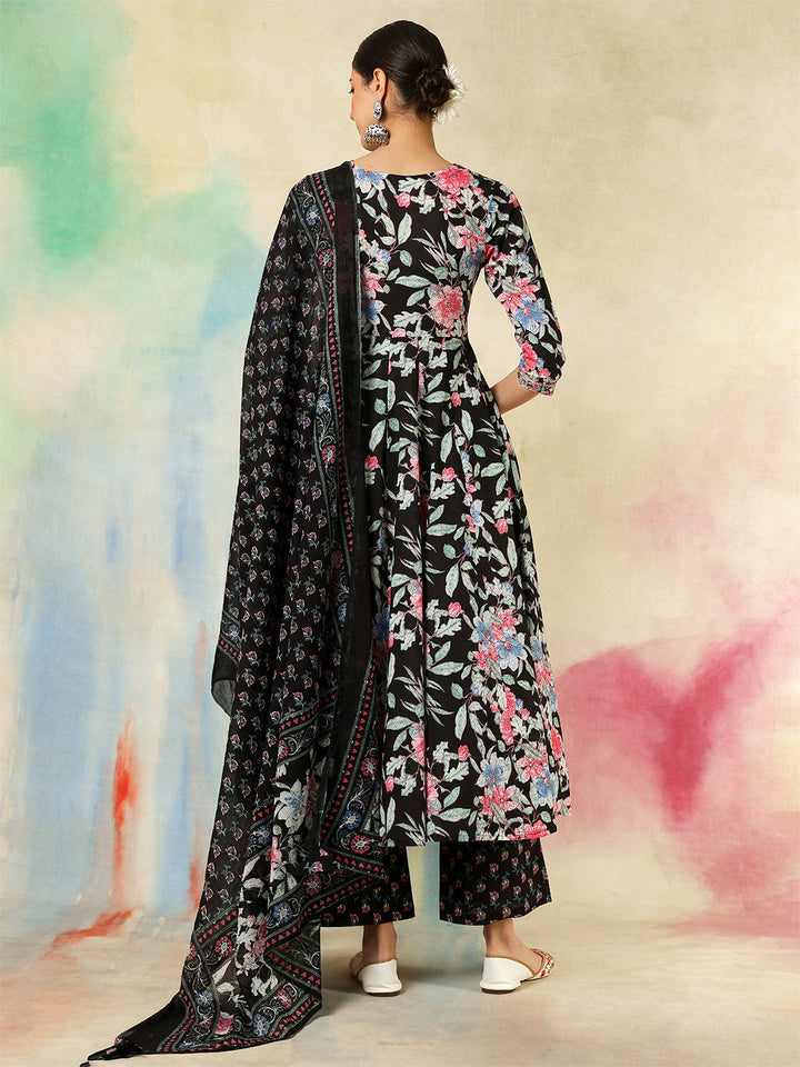 Cotton Calf Length Printed &amp; Embroidered Flared 3/4 Sleeves Sweet Heart Neck Kurta Suit Set With Dupatta