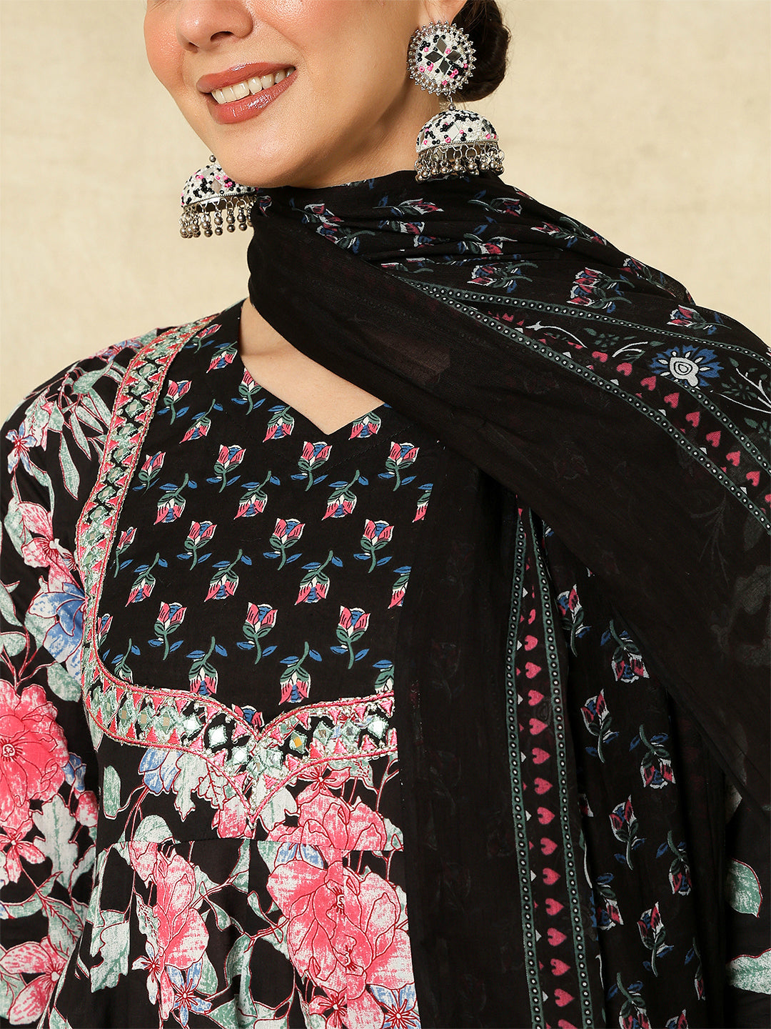 Cotton Calf Length Printed &amp; Embroidered Flared 3/4 Sleeves Sweet Heart Neck Kurta Suit Set With Dupatta