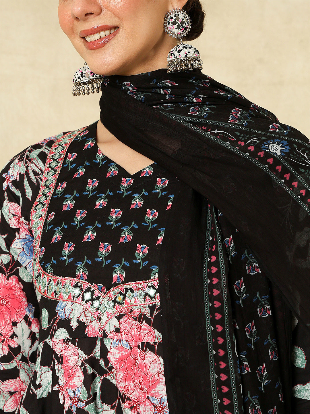 Cotton Calf Length Printed & Embroidered Flared 3/4 Sleeves Sweet Heart Neck Kurta Suit Set With Dupatta (Preorder)