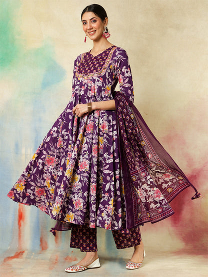 Cotton Calf Length Printed & Embroidered Flared 3/4 Sleeves Sweet Heart Neck Kurta Suit Set With Dupatta (Preorder)