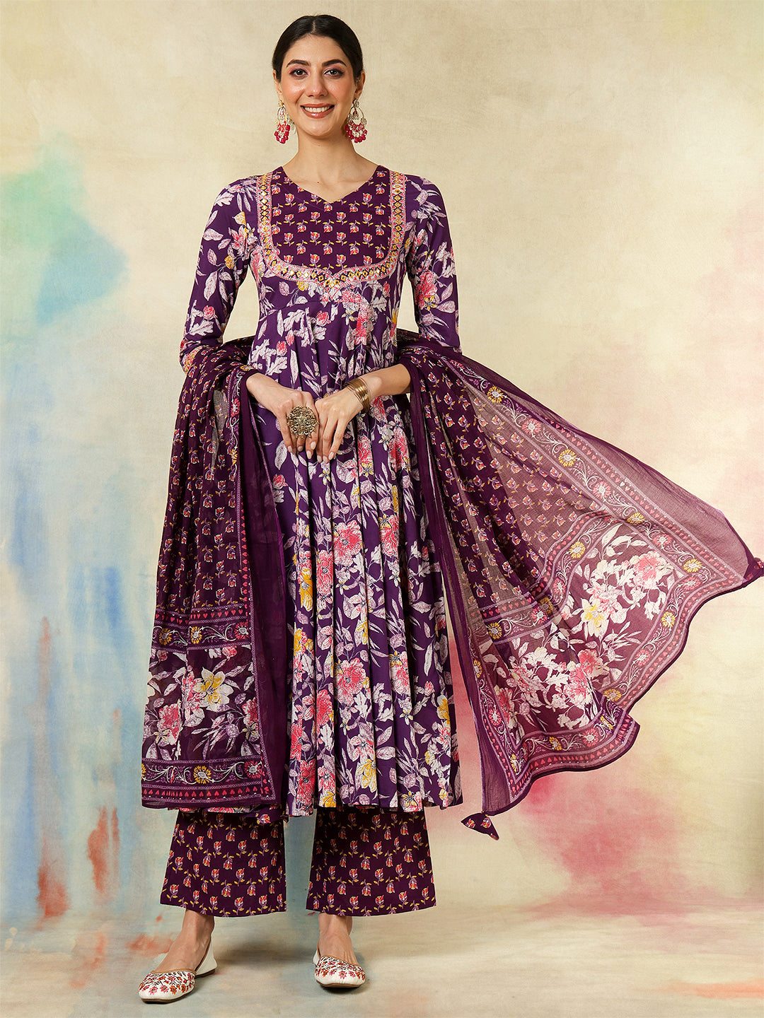 Cotton Calf Length Printed &amp; Embroidered Flared 3/4 Sleeves Sweet Heart Neck Kurta Suit Set With Dupatta