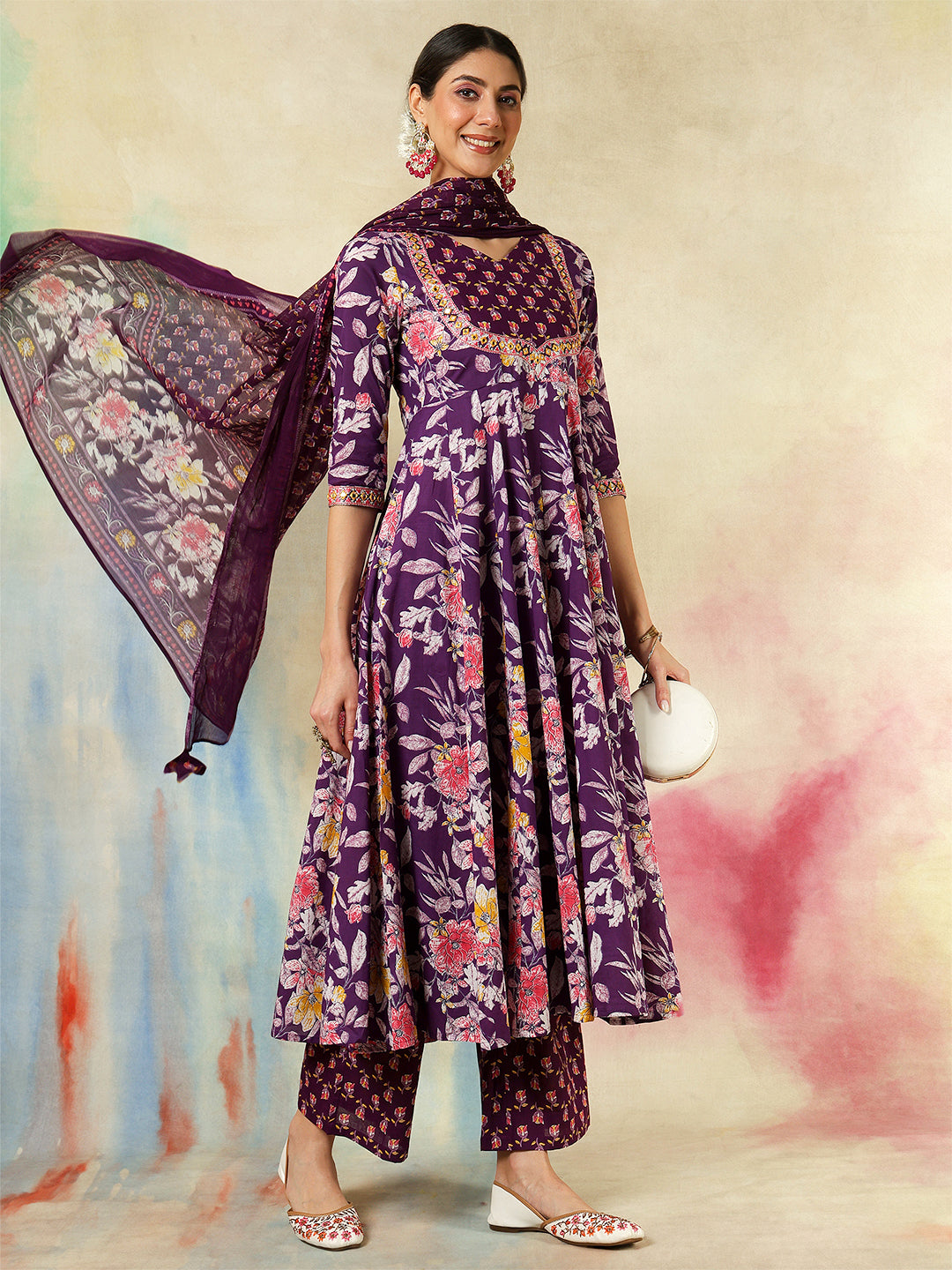 Cotton Calf Length Printed &amp; Embroidered Flared 3/4 Sleeves Sweet Heart Neck Kurta Suit Set With Dupatta