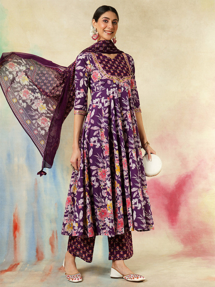 Cotton Calf Length Printed &amp; Embroidered Flared 3/4 Sleeves Sweet Heart Neck Kurta Suit Set With Dupatta