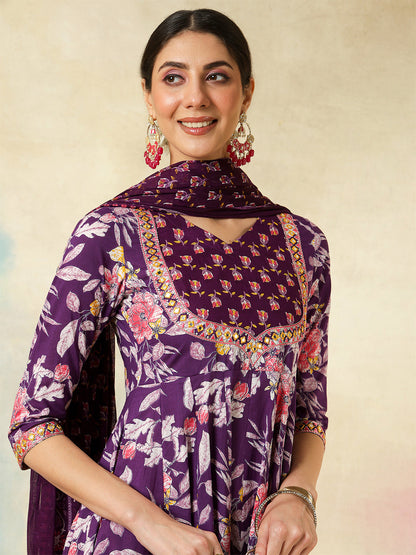 Cotton Calf Length Printed & Embroidered Flared 3/4 Sleeves Sweet Heart Neck Kurta Suit Set With Dupatta