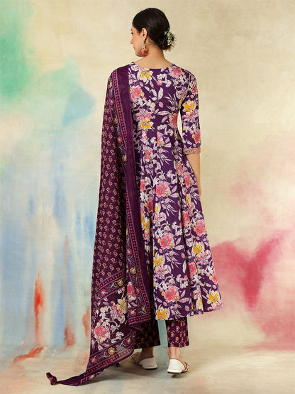 Cotton Calf Length Printed & Embroidered Flared 3/4 Sleeves Sweet Heart Neck Kurta Suit Set With Dupatta